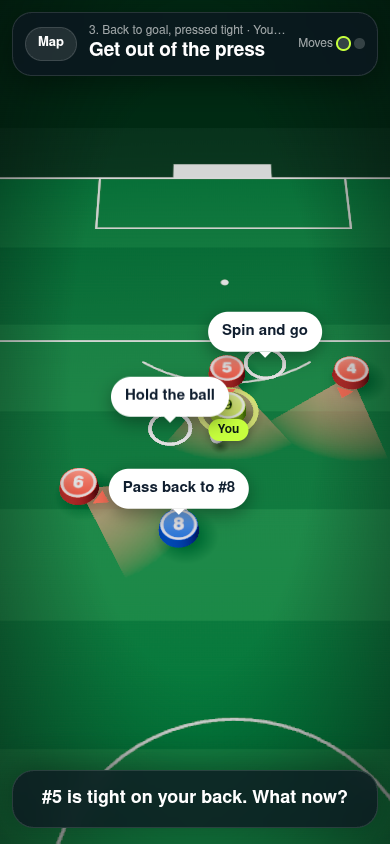 Game screen: back to goal with a defender tight behind. Choose: spin, hold the ball, or pass back.